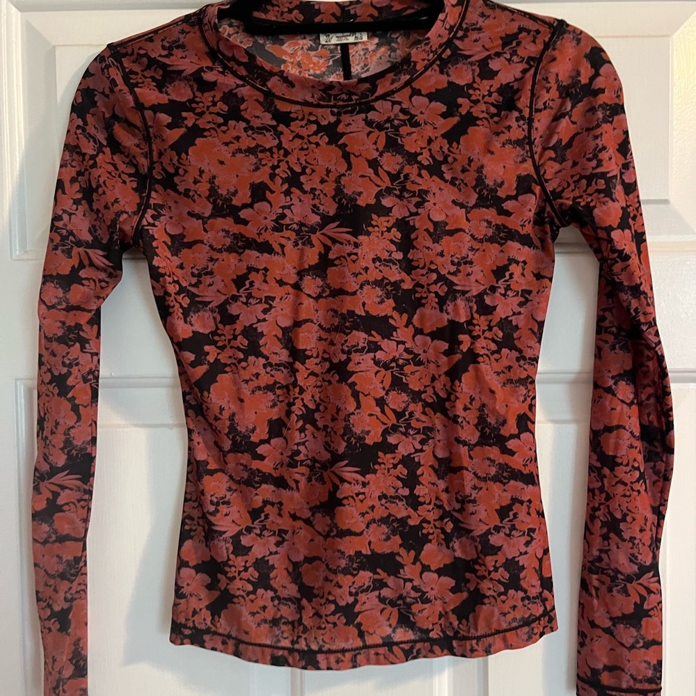 Free People Mesh Floral Long Sleeve Top - Black and Red